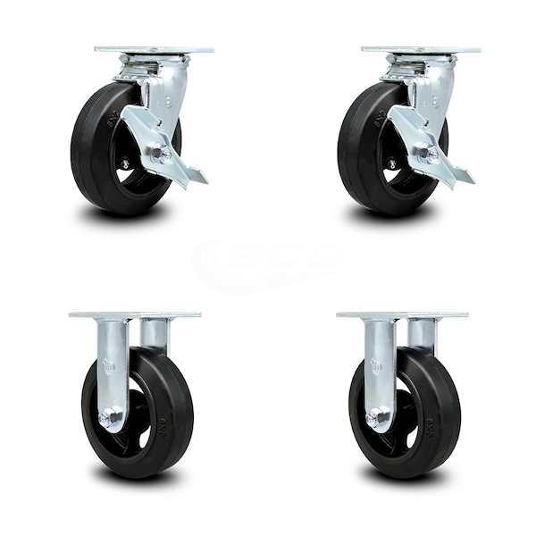 6 Inch Rubber on Steel Caster Set with Roller Bearings 2 Brakes 2 Rigid SCC